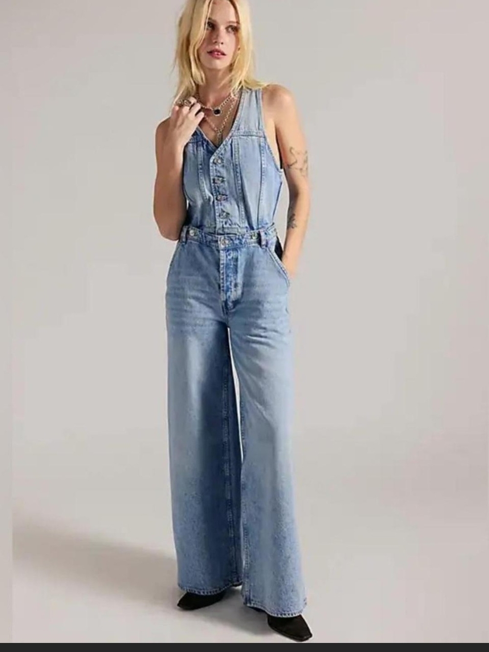 Free People Sleeveless Light Blue Denim Wide-Leg Jumpsuit Womens 27